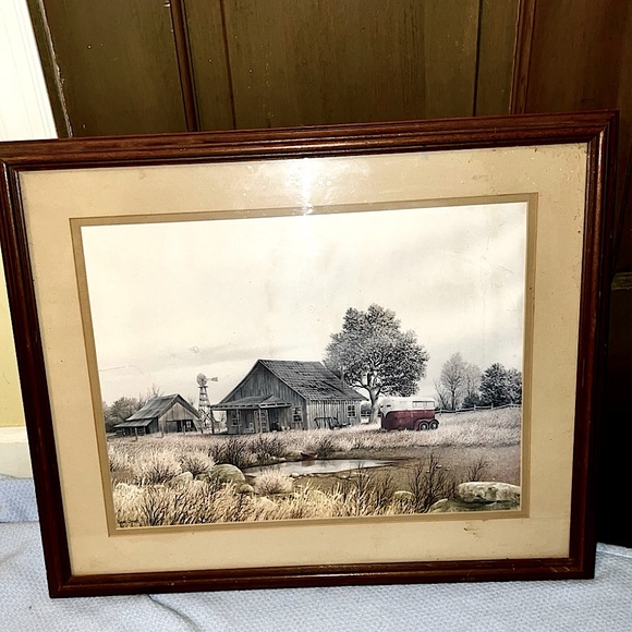Vintage Gene Speck Art Wood Framed Print Country Landscape Wagon Barn - Picture 2 of 15